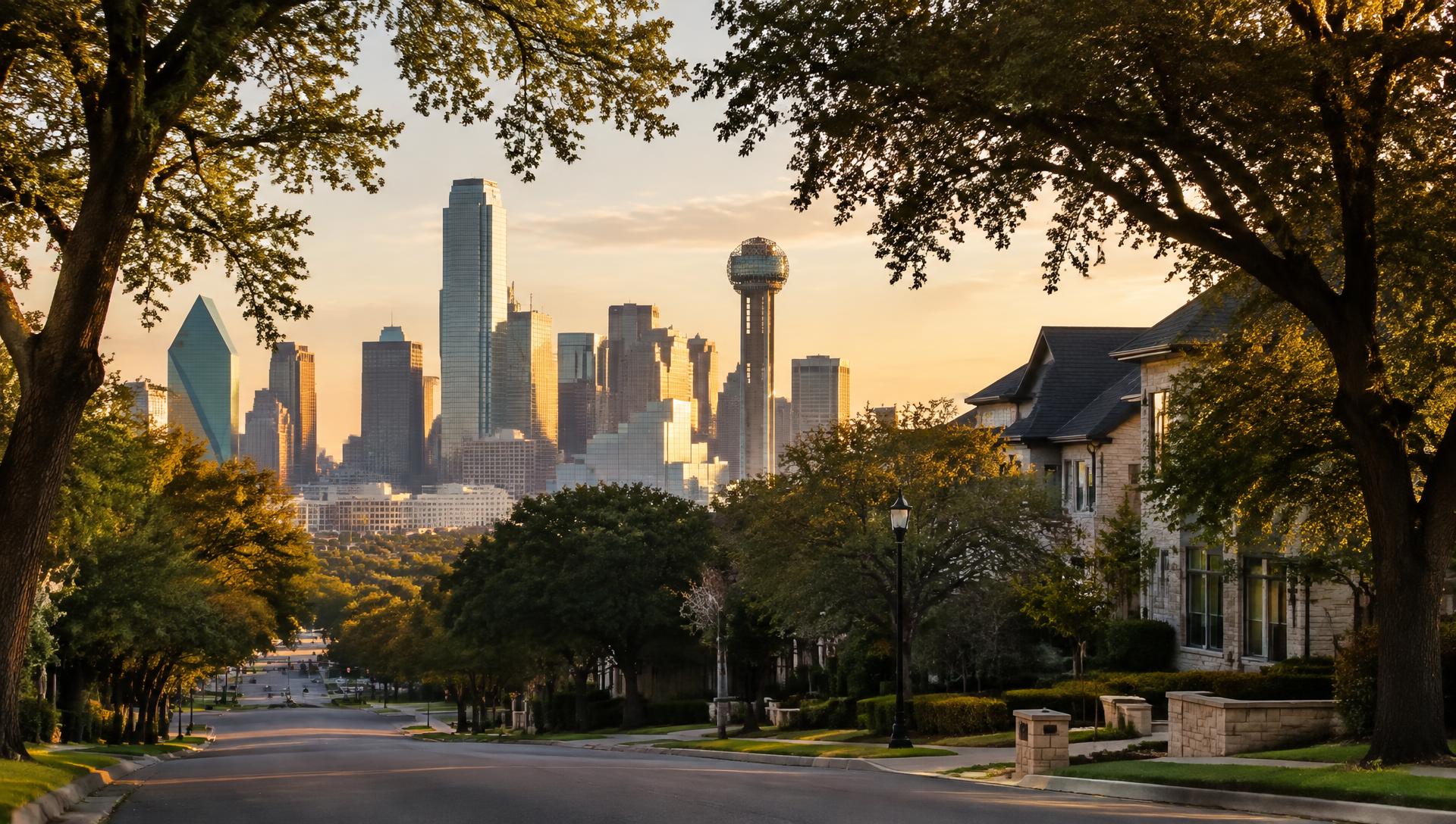 The Dallas skyline at golden hour, seen from a tree-lined residential street